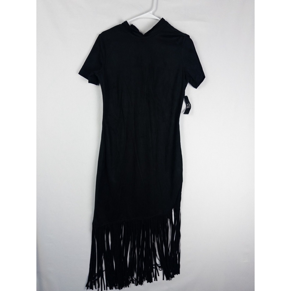 NWT $80 NY‎ Collection Dress Womens M Black Chamois Fringe Cocktail Long